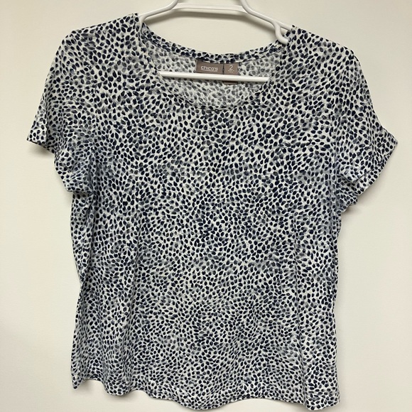 Chico’s Tops - Chico’s short sleeved top, white background, blue & gray print, 2 (12-14)